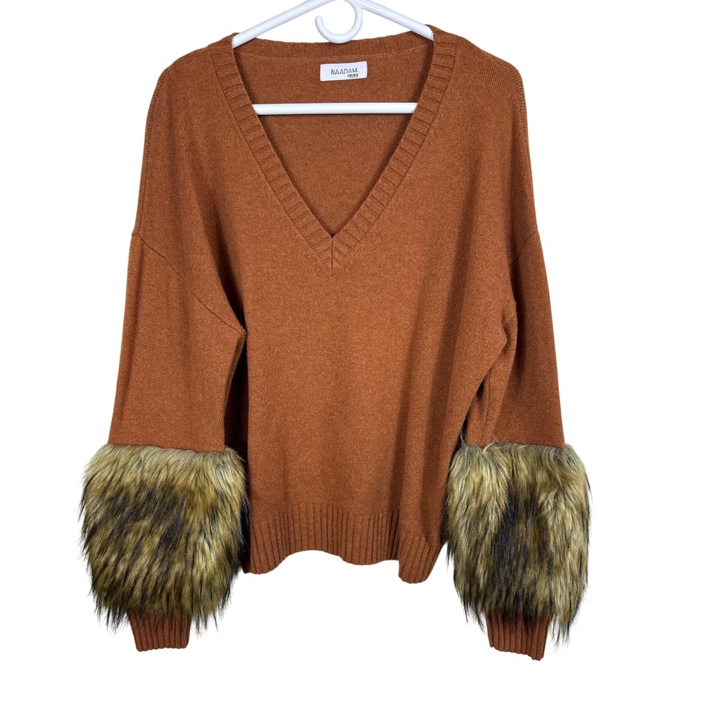 NAADAM Wool Cashmere Sweater Faux Fur Cuff‎ Copper Brown Women Size Large